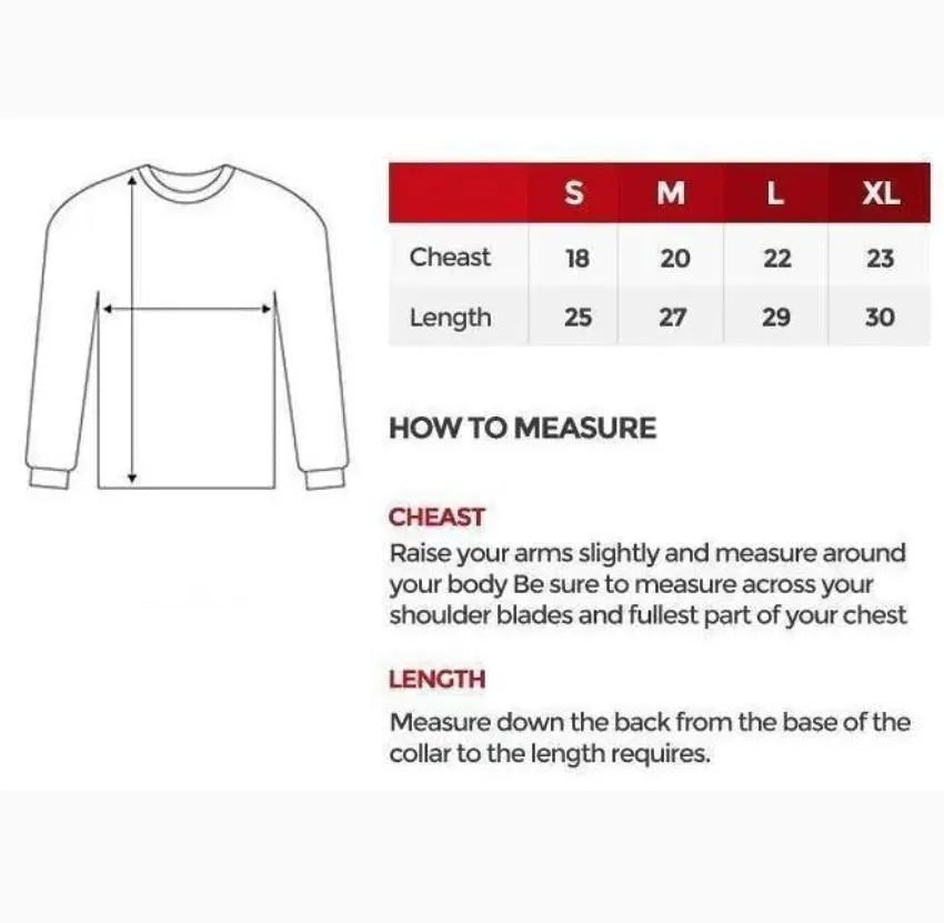 Size chart for a long-sleeve shirt with measurements in centimeters.