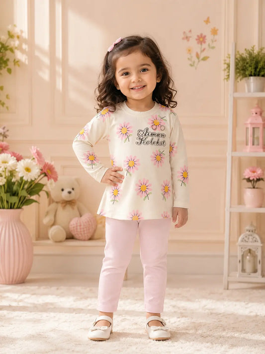 Young girl in a floral outfit standing in a room with flowers and a teddy bear.