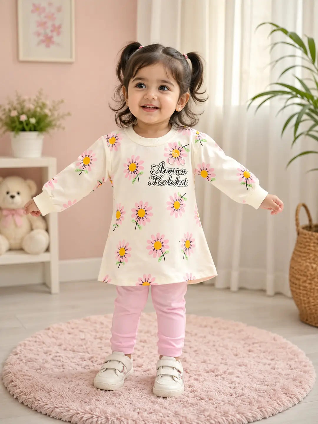 Child wearing a floral dress with text in a room with pink walls and plants.