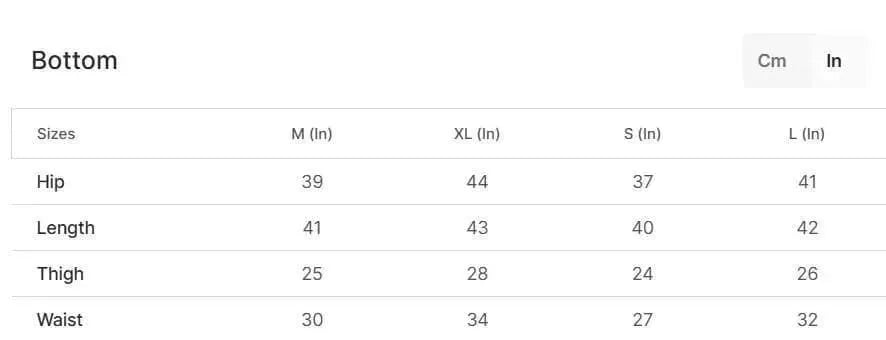 Measurement chart for bottom sizes with inches and centimeters on a white background