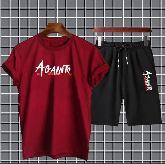 Red t-shirt and black shorts with 'AGAINST' branding on a grid background