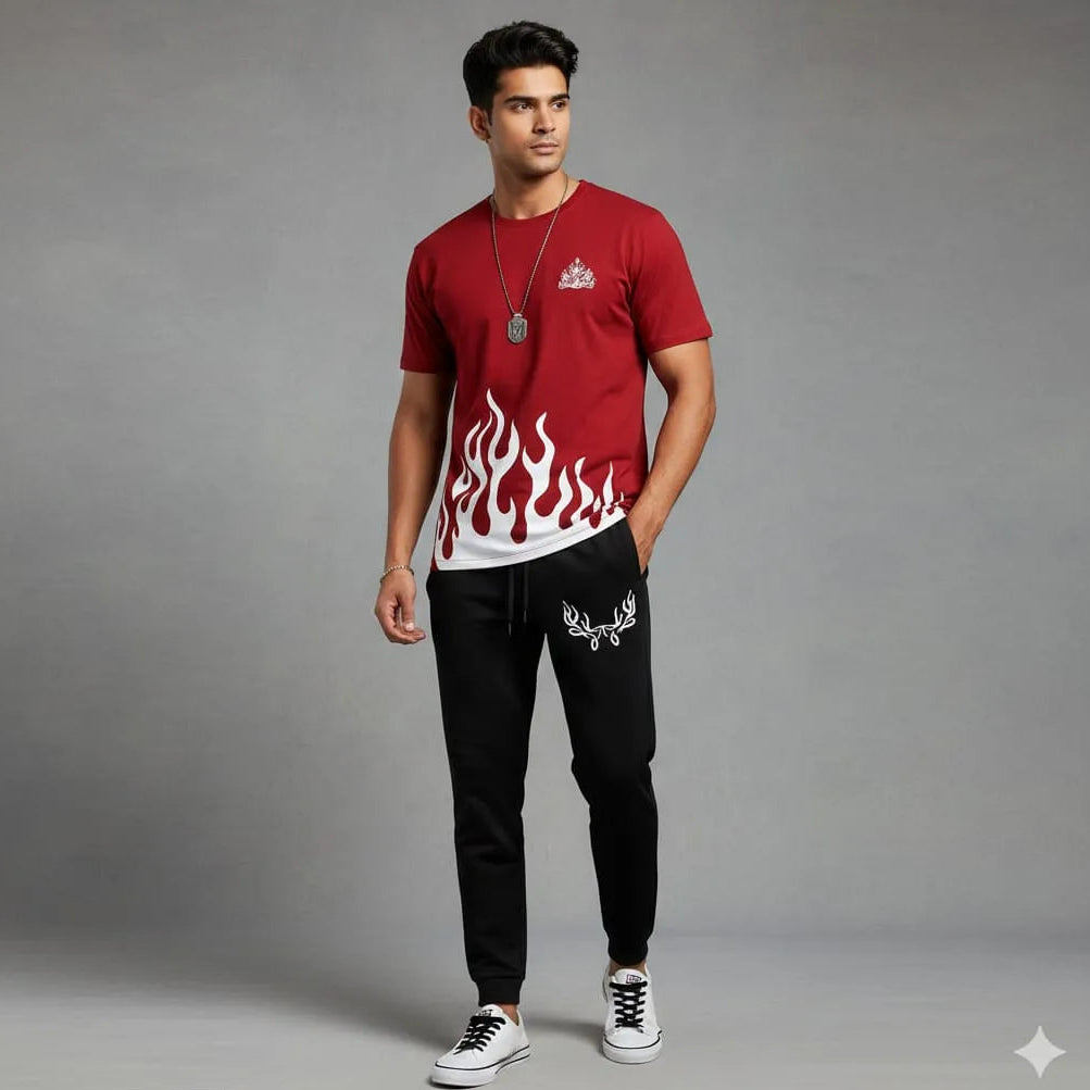 Man wearing a red t-shirt and black shorts with a brand logo against a grid background