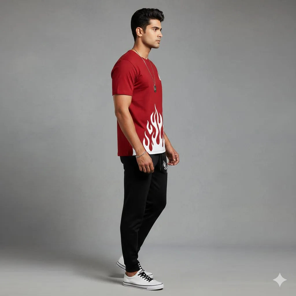 Man wearing a red t-shirt with a white graphic design on a gray background