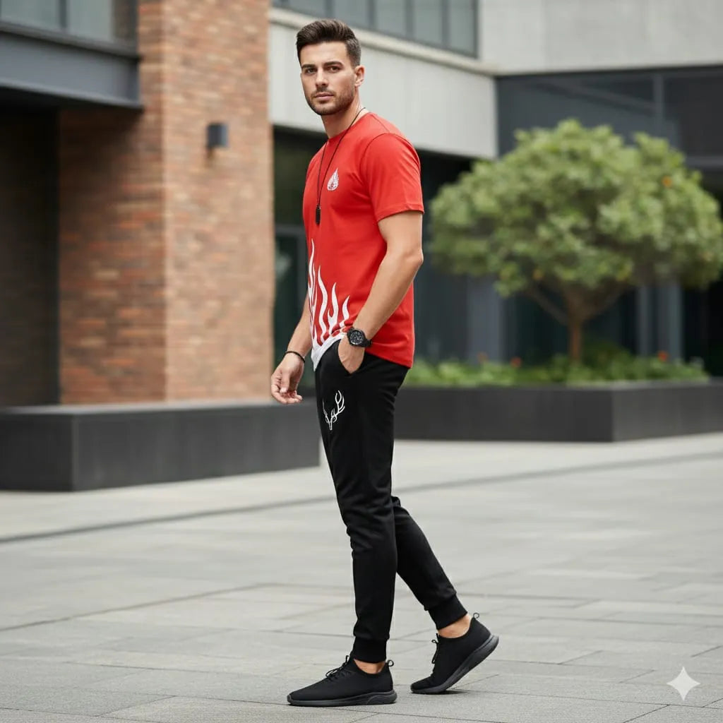 Man wearing a red t-shirt and black pants walking on a sidewalk.