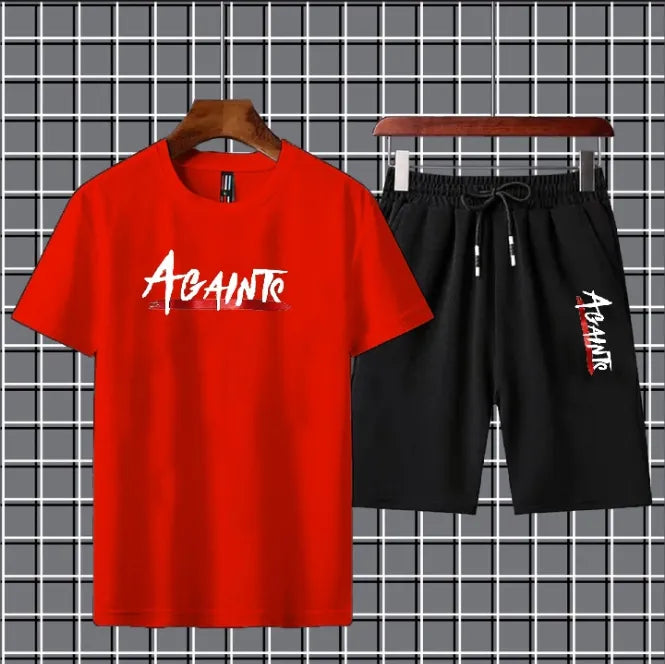 Red t-shirt and black shorts with 'Armani' branding on a grid background