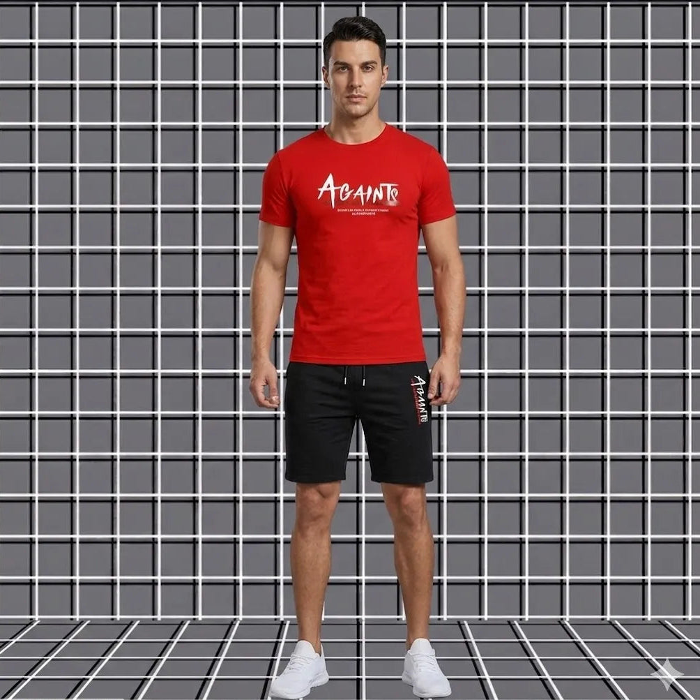 Man wearing a red t-shirt and black shorts with a brand logo against a grid background
