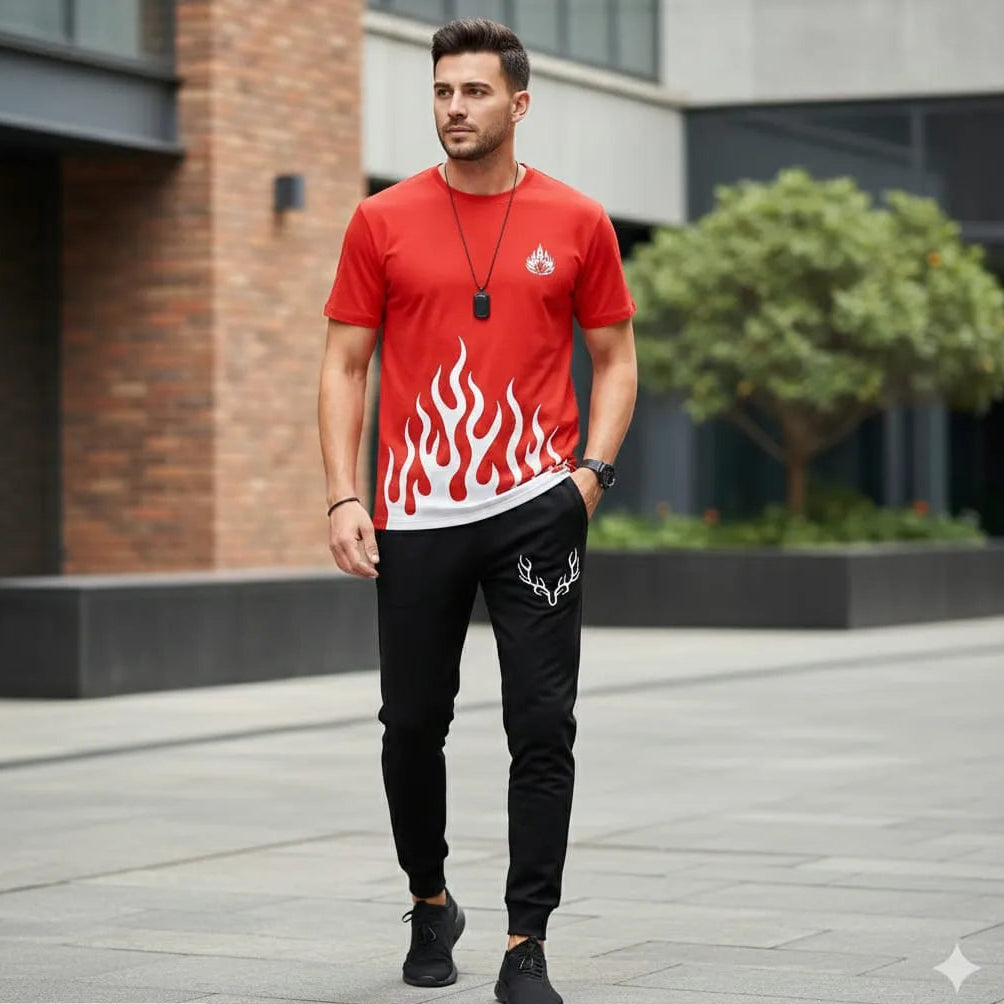 Man wearing a red t-shirt and black shorts with a brand logo against a grid background