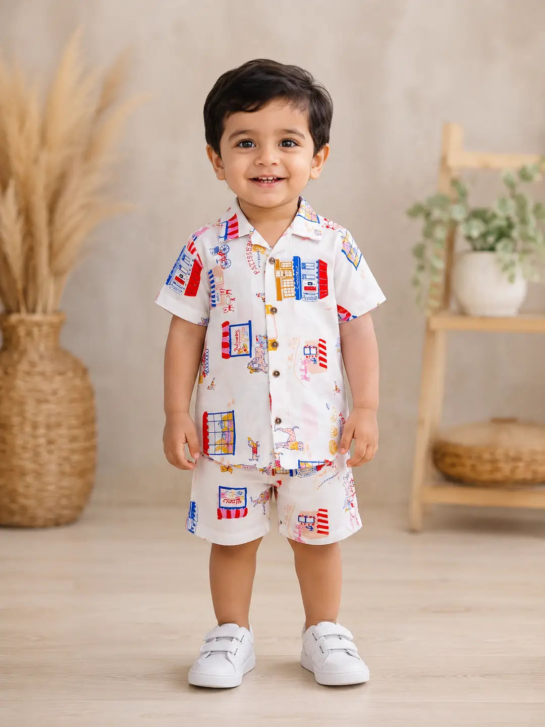 Child wearing a colorful shirt and shorts set with a neutral background