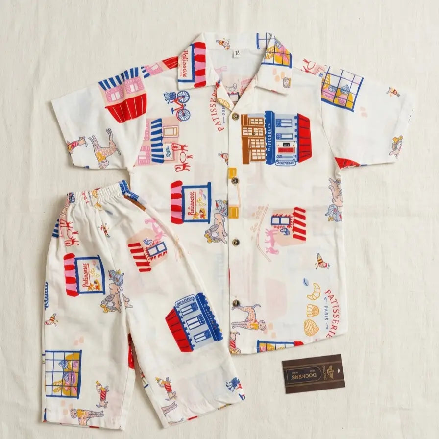 Colorful pajama set with cartoon designs on a light background