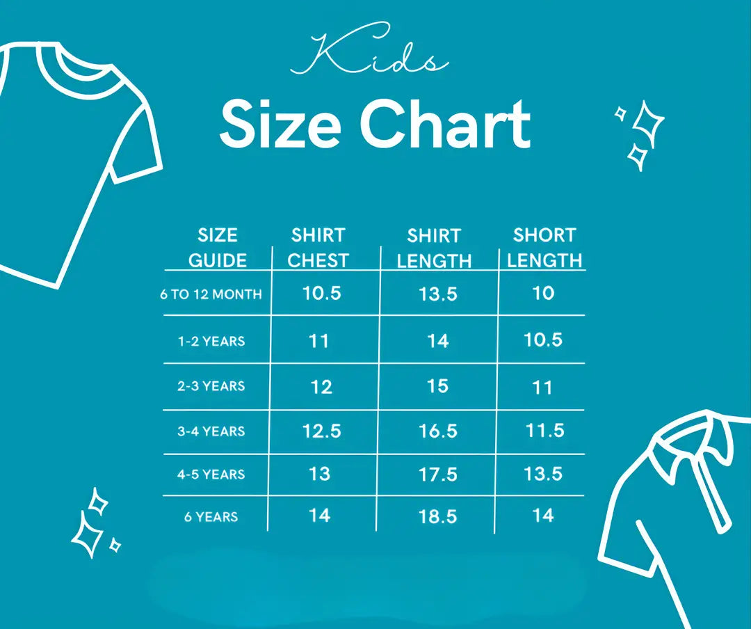 Children's size chart for shirts and shorts on a blue background