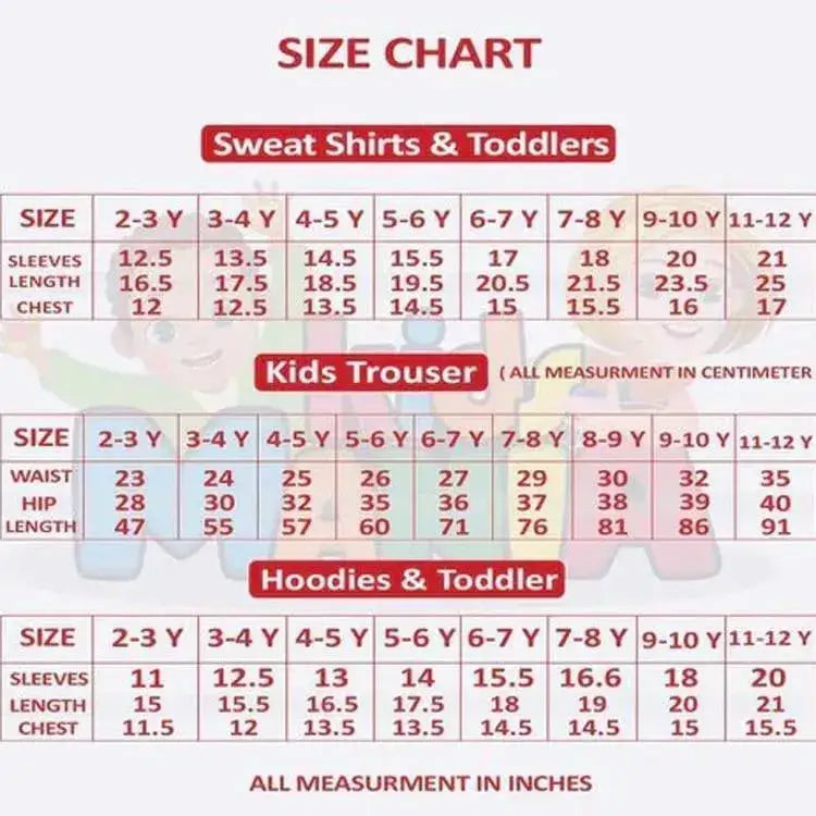 Size chart for sweatshirts, toddlers, kids' trousers, and hoodies with measurements in inches and centimeters.