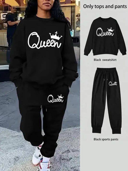Black 'Queen' sweatshirt and pants set worn by a person, with separate images of the items.