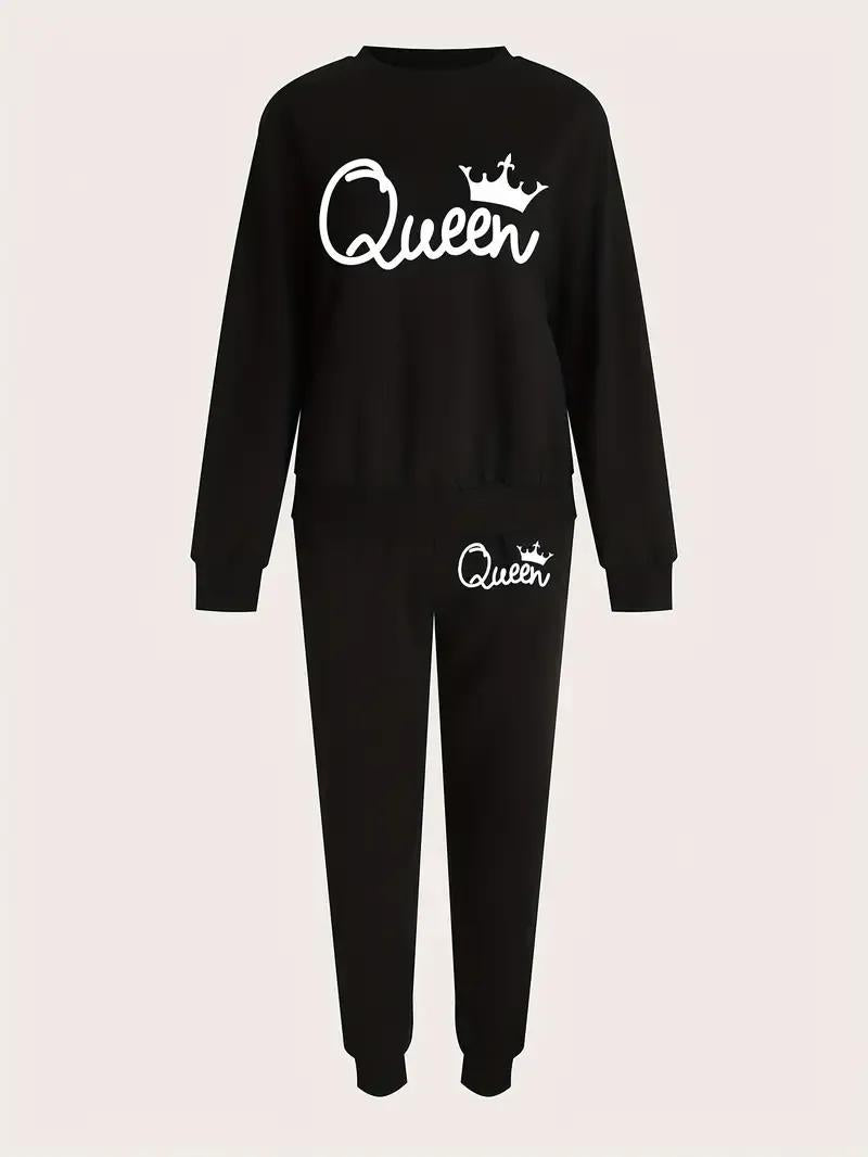 Black onesie with 'Queen' text on a beige background