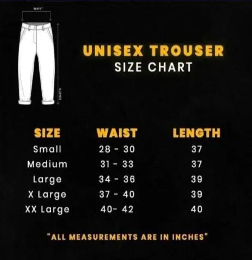 Unisex trouser size chart with measurements on a black background