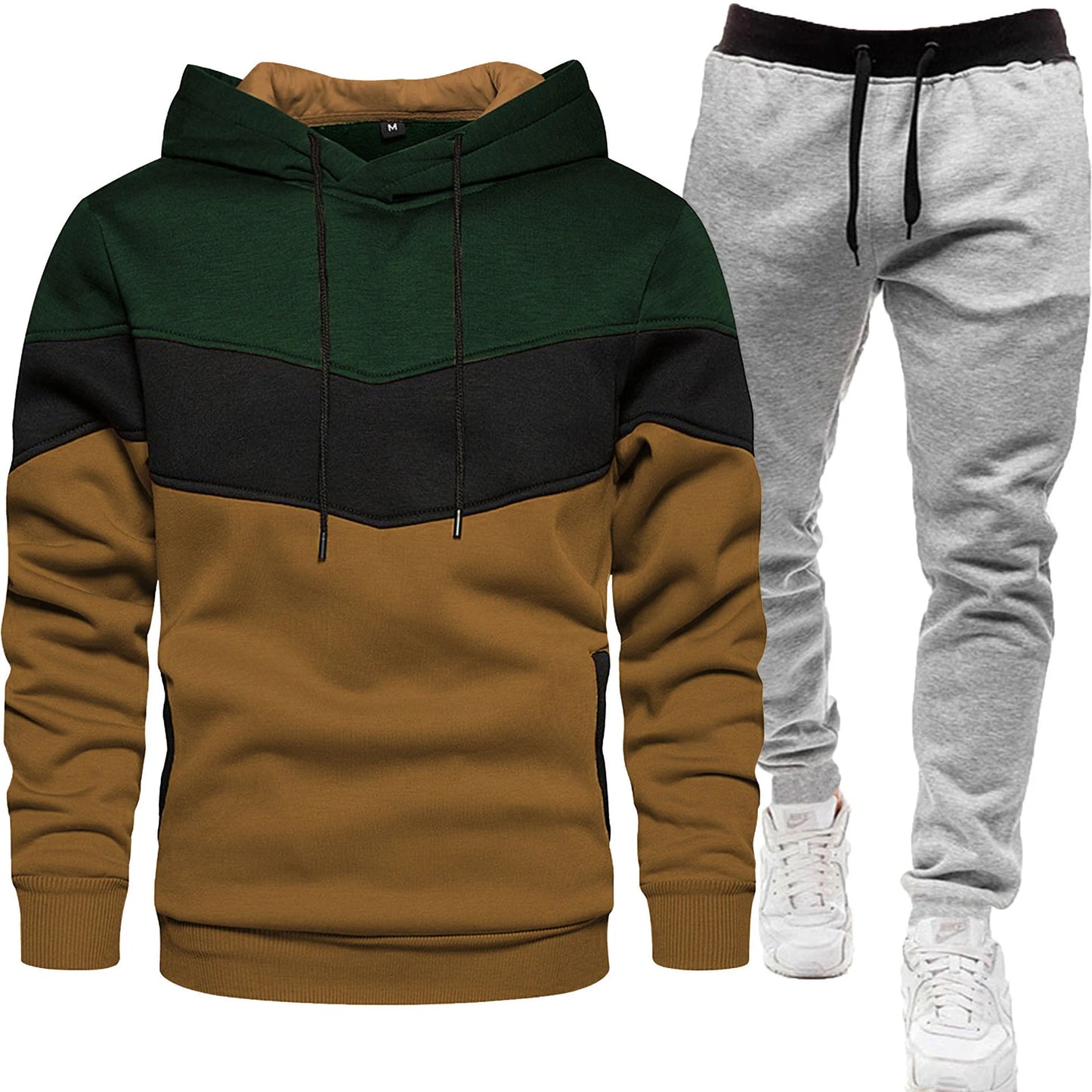 green black brown block colored hoodie with white sweatpants