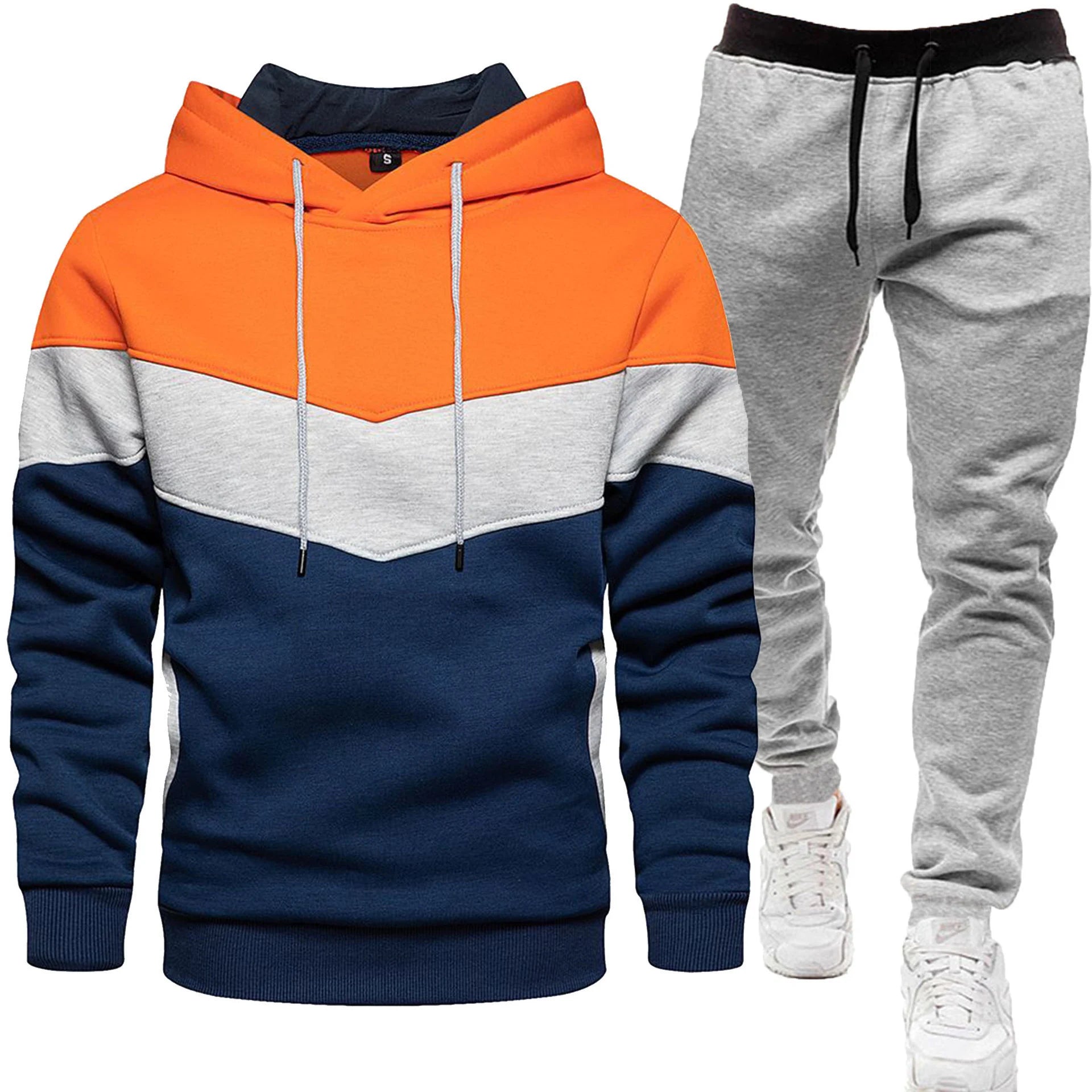 orange white blue block colored hoodie with white sweatpants