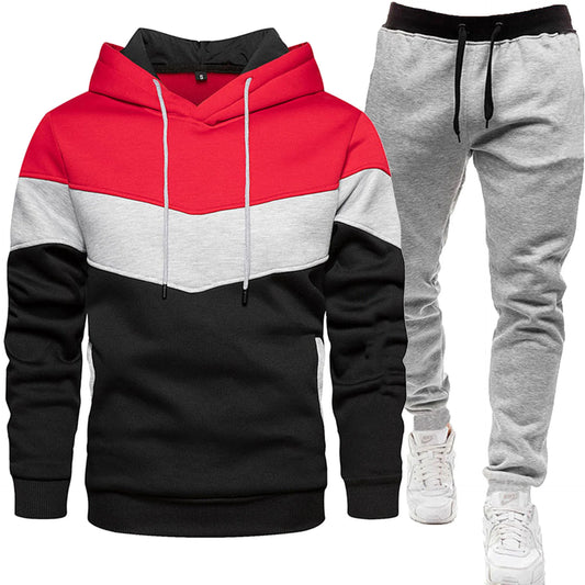 red black white block colored hoodie with white sweatpants
