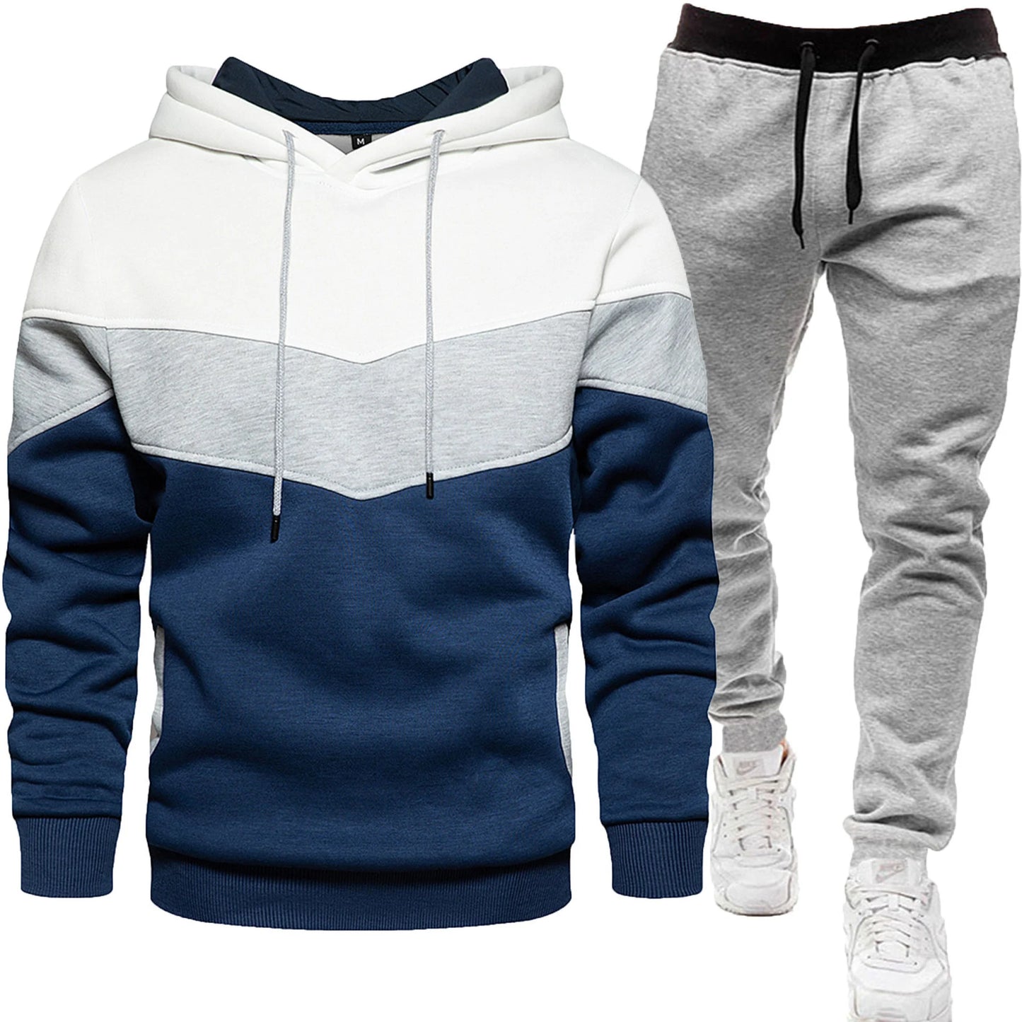 white grey blue block colored hoodie with white sweatpants