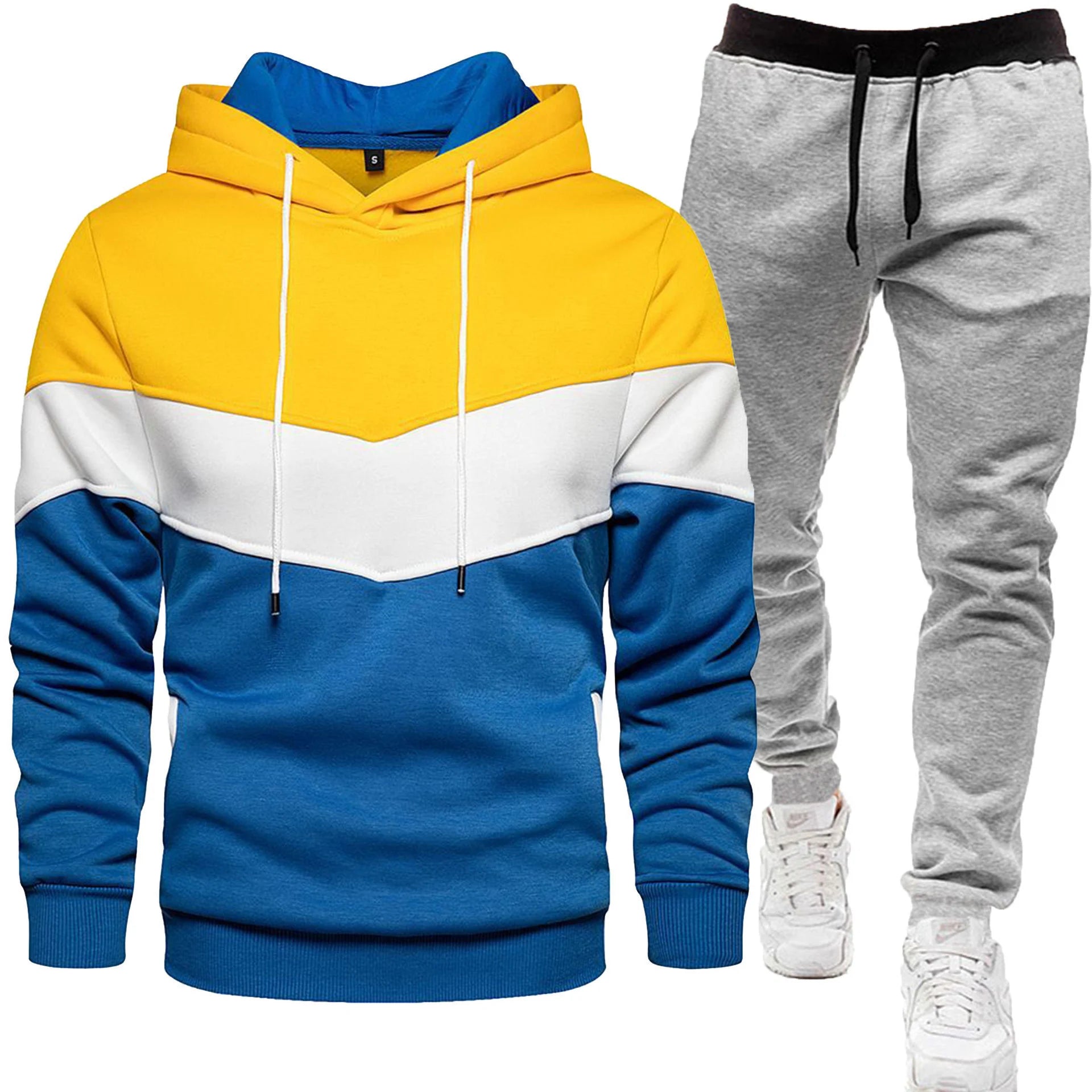 yellow white blue block colored hoodie with white sweatpants