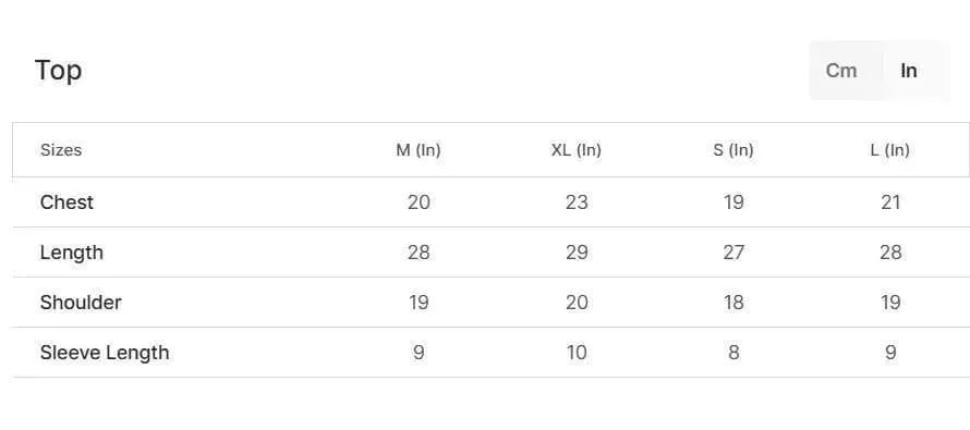 Measurement chart for tops showing size measurements in both inches and centimeters.