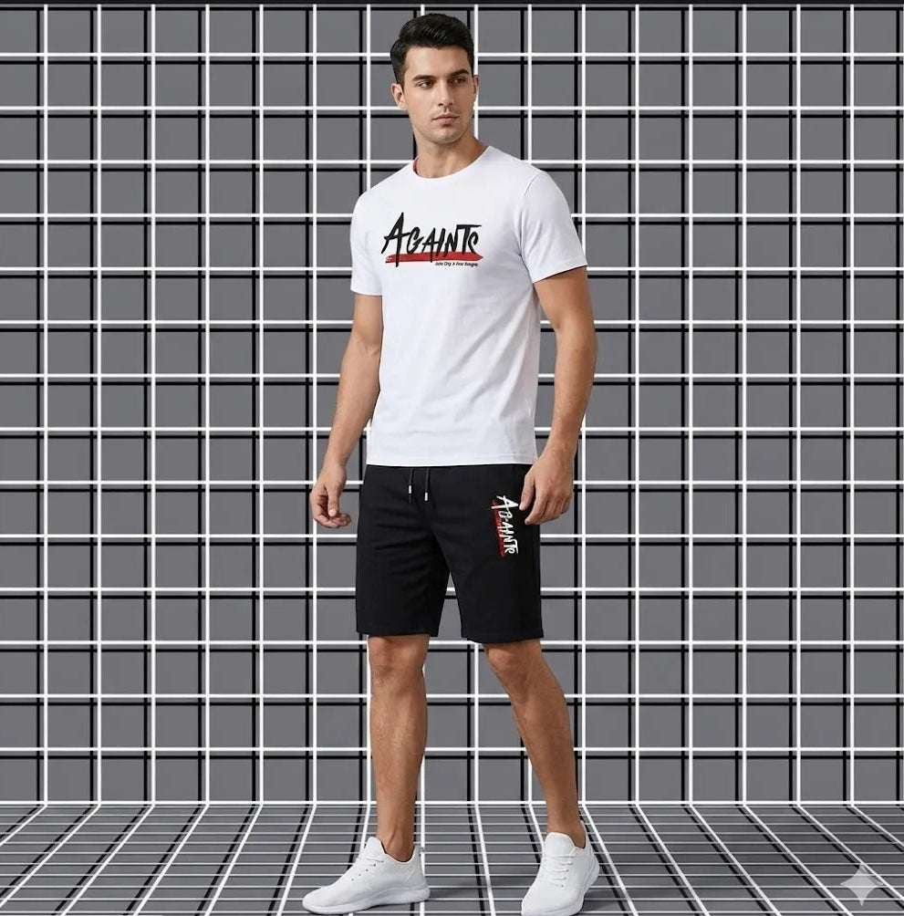 Man wearing a white t-shirt with text and black shorts against a grid background