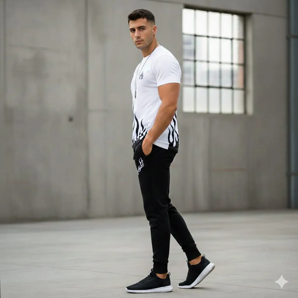 Man wearing a white t-shirt with black graphics and black pants in an indoor setting