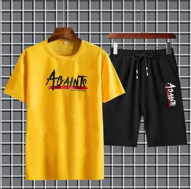 Yellow t-shirt and black shorts with 'Aguanto' branding on a grid background