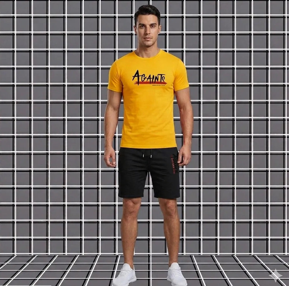 Person wearing a yellow t-shirt with a brand logo against a grid-patterned background
