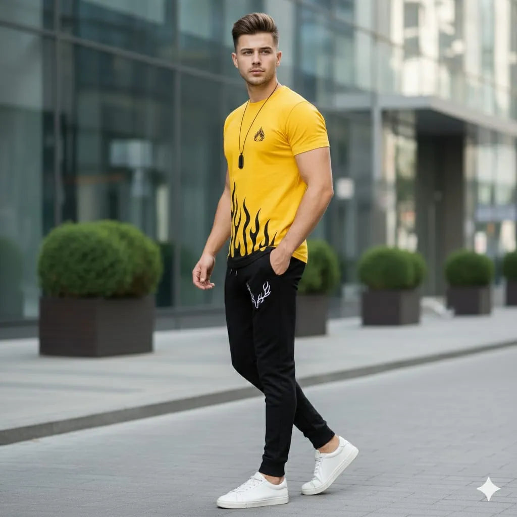 Man wearing a yellow t-shirt with a flame design, black pants, and white sneakers in an urban setting.